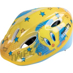 Casco da bici giallo per bambini con design Tweety e stelle blu.