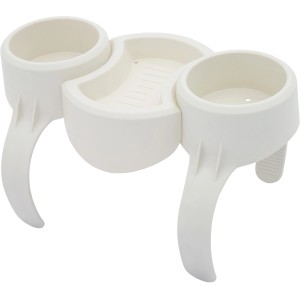 Portabevande bianco per bordo piscina con due supporti e area di stoccaggio.