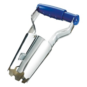 Trapiantatore per bulbi in acciaio inox con manico in plastica blu per giardinaggio.