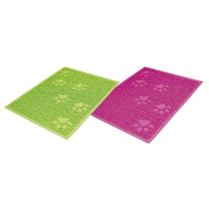 Due tappetini colorati per lettiera per gatti con motivo a impronte di zampe.