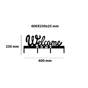 Portachiavi nero "Welcome Home" con 3 ganci e dimensioni.