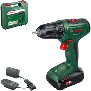Avvitatore a batteria Bosch EasyDrill 18V-38 con batteria, caricabatterie e custodia.