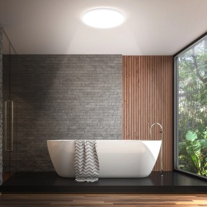 Lampada LED da bagno Briloner bianca senza cornice (35cm, 4000K) sul soffitto di un bagno.