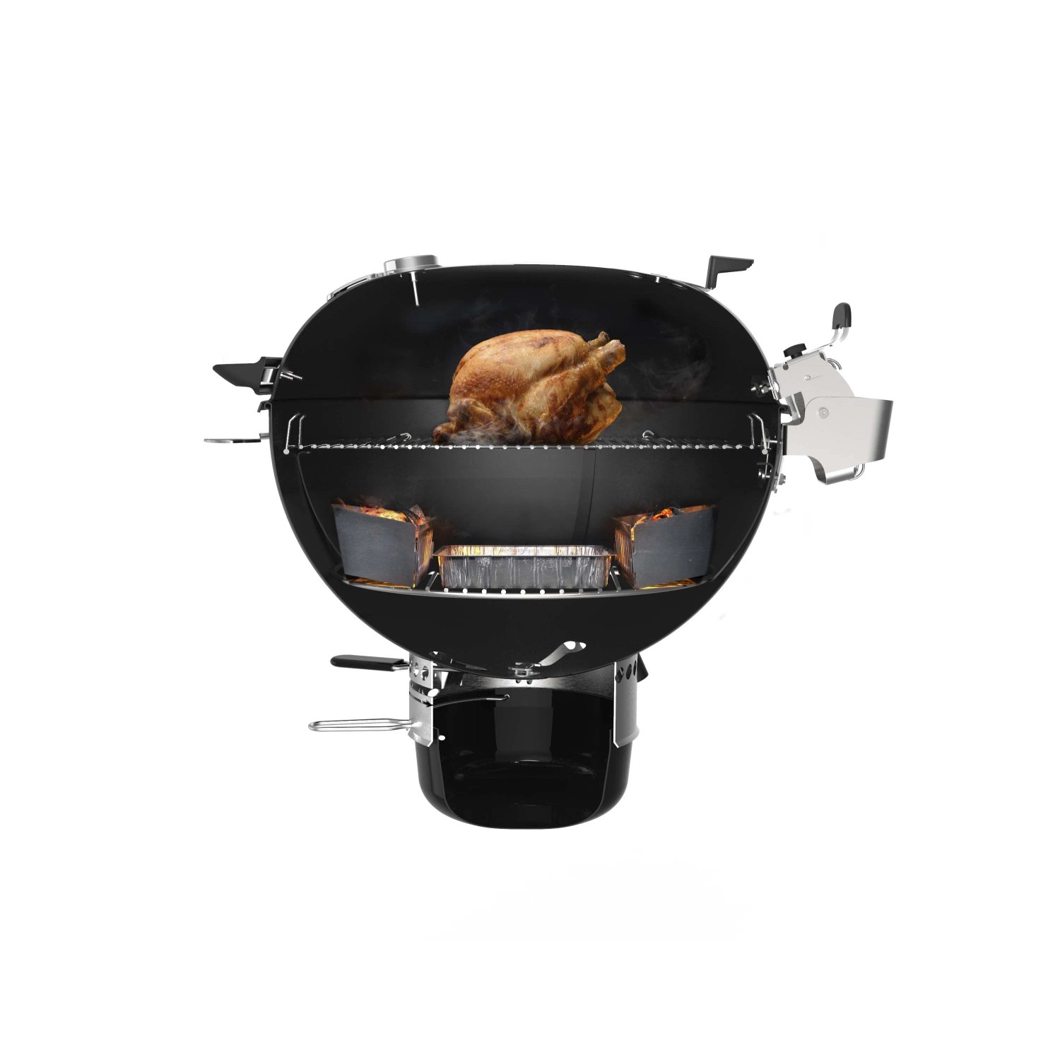 Weber Master-Touch Premium E-5770 barbecue a carbone Ø 57cm, nero, con pollo e accessori.