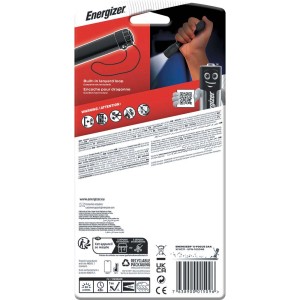 Confezione della torcia Energizer X-Focus con 2 batterie AA, fascio di messa a fuoco e foro per appendere.