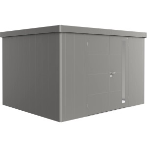 Casetta da giardino Biohort Neo 3D in grigio quarzo metallizzato con doppia porta. Design moderno per il giardino.