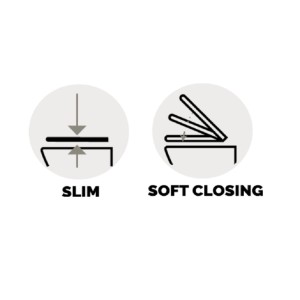 Icone per design slim e funzione soft-close di un sedile WC.