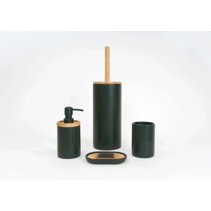 Set bagno t.b.t., 4 pezzi, verde scuro con dettagli in bambù: dispenser sapone, spazzola, bicchiere, portasapone.