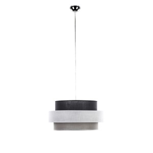 Moderna lampada a sospensione t.b.t. con tre paralumi in tessuto nero, bianco e grigio.