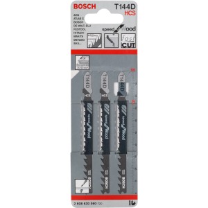 Lame per seghetto alternativo Bosch Pro T 144 D Speed for Wood, confezione da 3, per tagli rapidi nel legno.