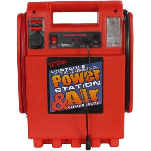 Power station portatile rossa e compressore d'aria per riparazione e manutenzione auto.