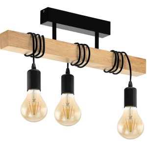 Lampada da soffitto Eglo Townshend, 3 luci, nero-marrone con trave in legno e tre lampadine E27.