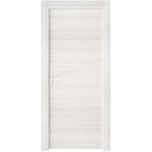 Porta interna bianca con venature orizzontali del legno e maniglia color argento.