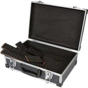 Set valigetta portautrezzi LUX in alluminio da 3 pezzi aperta con divisorio variabile.