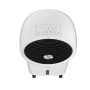 Ventilatore t.b.t. bianco con pannello di controllo digitale e ruote.
