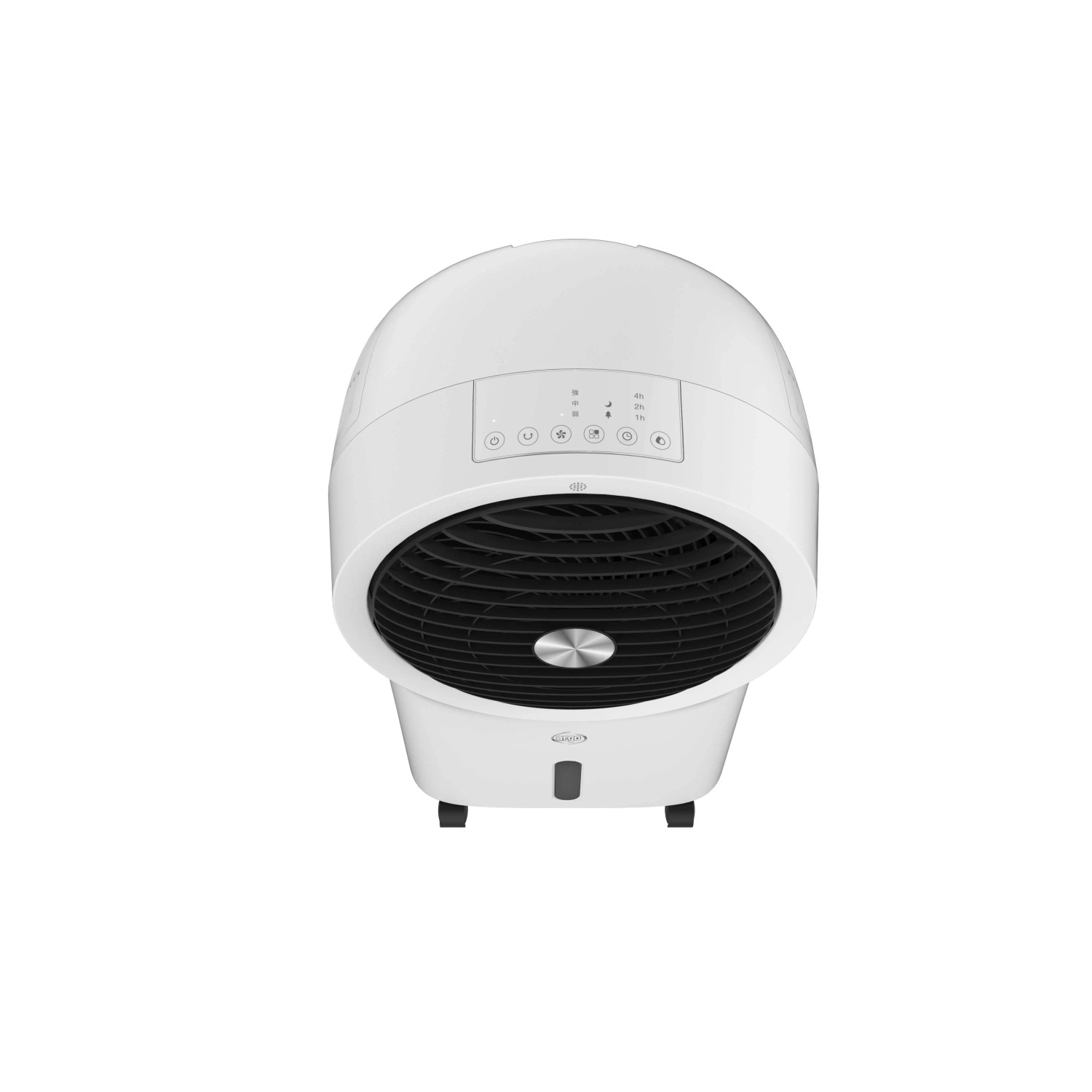 Ventilatore t.b.t. bianco con pannello di controllo digitale e ruote.