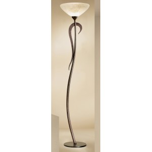 Elegante lampada da terra t.b.t. con base in metallo curvato e paralume effetto alabastro.