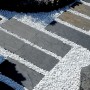 Ciottoli bianchi decorativi tra lastre di pietra scura in giardino.