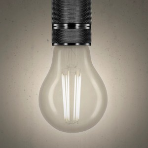 Lampadina LED E27 t.b.t. con bulbo in vetro trasparente e attacco nero.