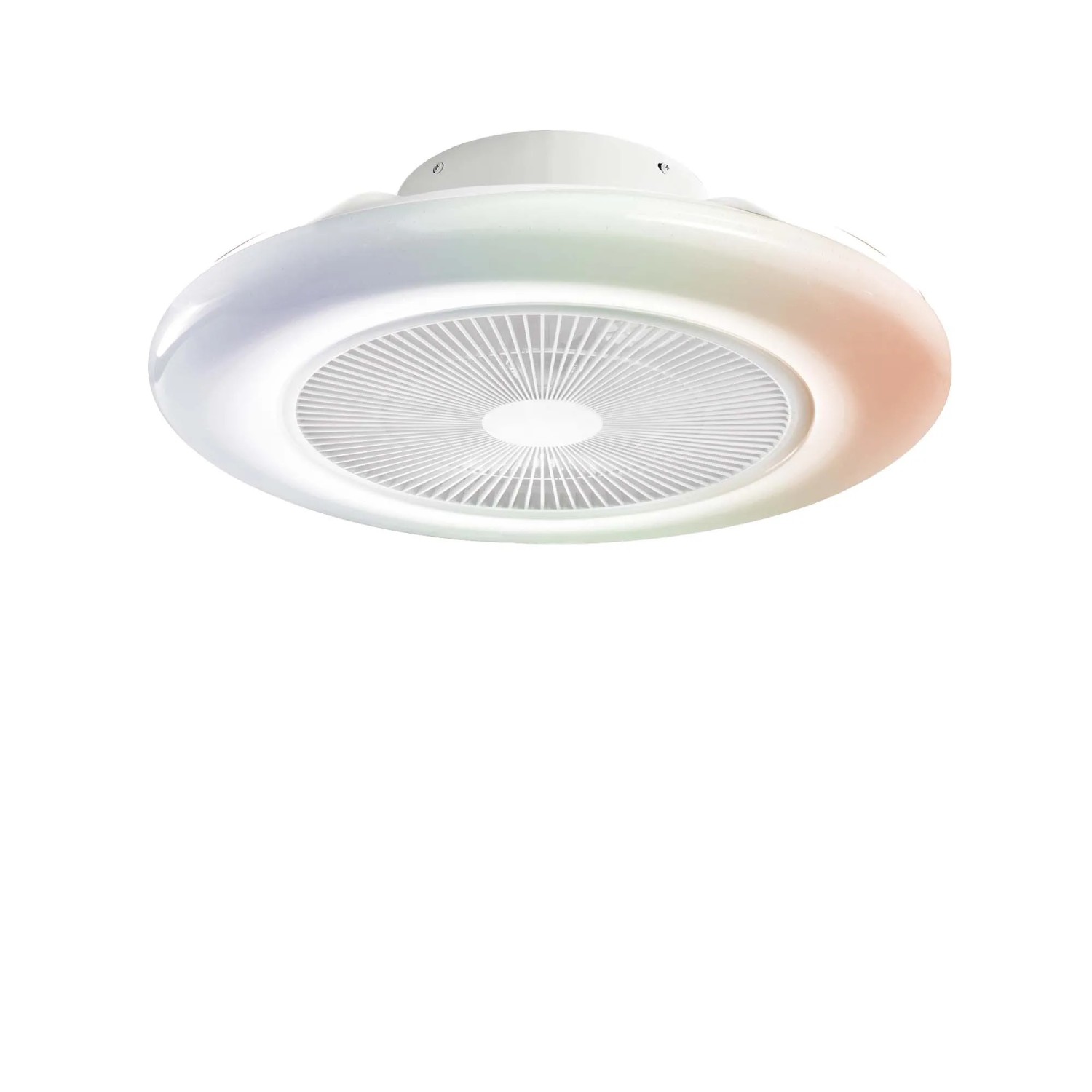Plafoniera LED bianca con accenti colorati.