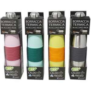 t.b.t. Borracce termiche in vari colori, confezionate per campeggio e outdoor.