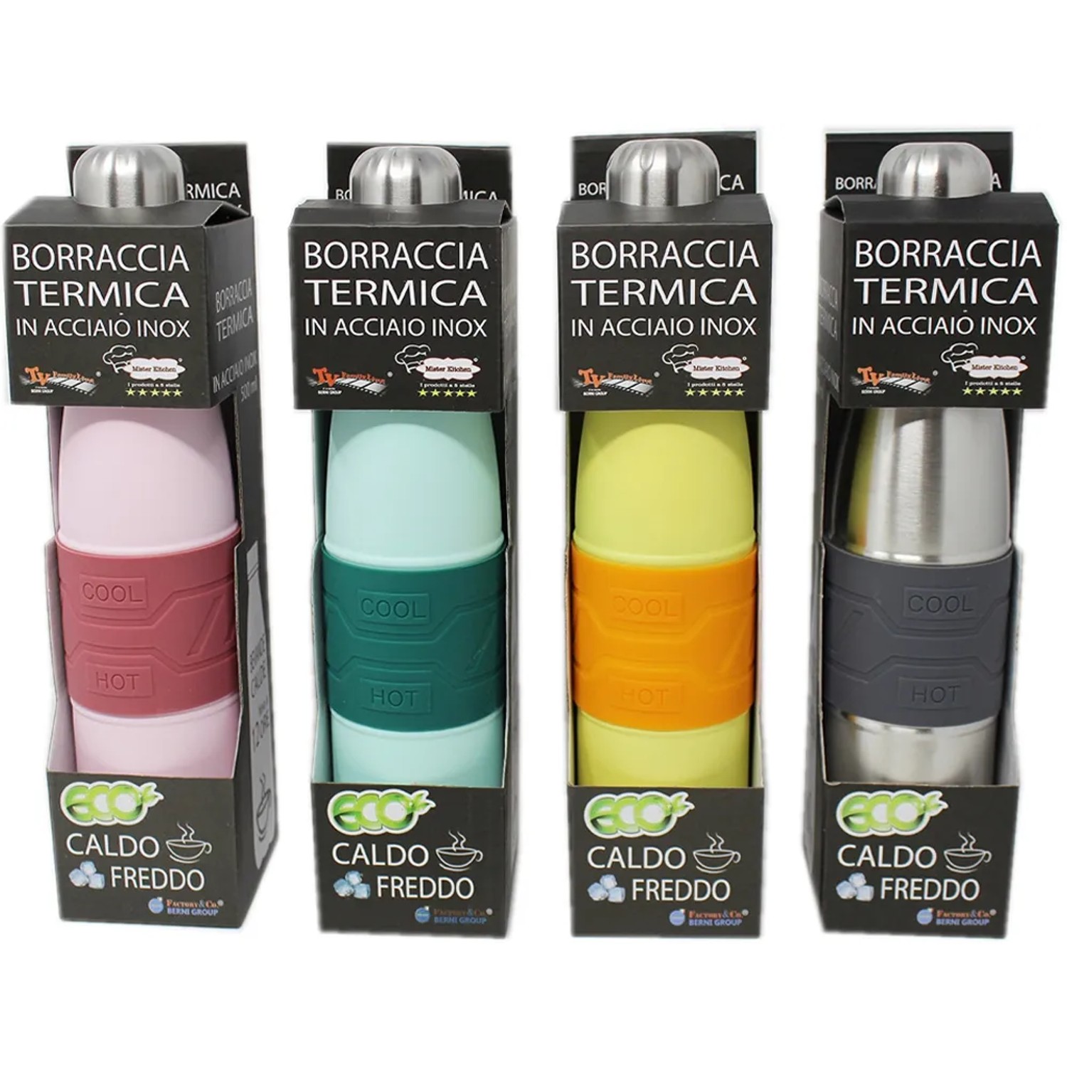 t.b.t. Borracce termiche in vari colori, confezionate per campeggio e outdoor.