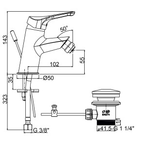 Disegno tecnico: miscelatore per lavabo t.b.t. con dimensioni e dettagli.