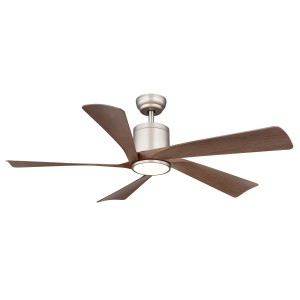 Ventilatore da soffitto moderno con cinque pale marroni e illuminazione LED integrata.