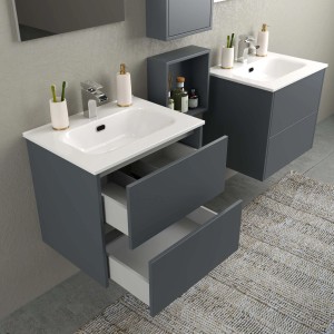 Mobile bagno grigio con cassetti bianchi, parte della serie di arredo bagno.
