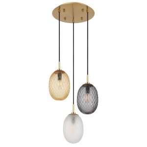 Lampada a sospensione t.b.t. con tre paralumi in vetro colorato.