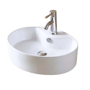 Lavabo da appoggio bianco con rubinetto, forma ovale.