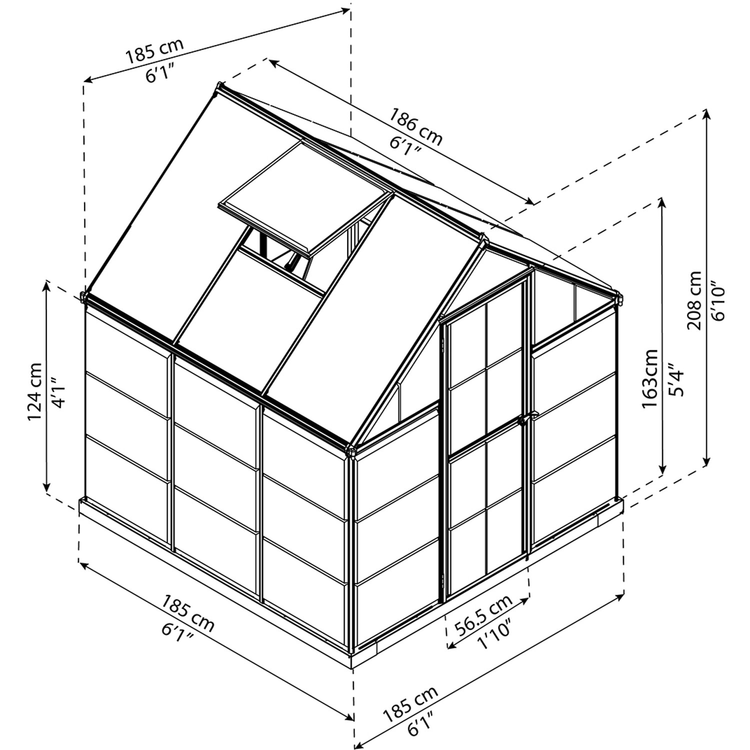 Disegno tecnico: serra Palram Canopia Hybrid 1.9x1.9 m, profili verdi, pareti chiare, dimensioni.