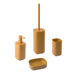Set bagno t.b.t. giallo: dispenser sapone, scopino WC, bicchiere e portasapone.