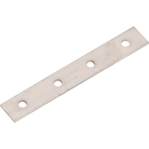 Connettore piatto in acciaio inox, 100x15 mm, con quattro fori di montaggio.