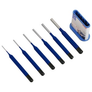 Set di punzoni per spine LUX, 6 pezzi con manico blu e supporto.