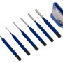 Set di punzoni per spine LUX, 6 pezzi con manico blu e supporto.