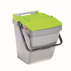 Pattumiera t.b.t. grigia con coperchio verde e maniglia. Pattumiere per cucina e casa.
