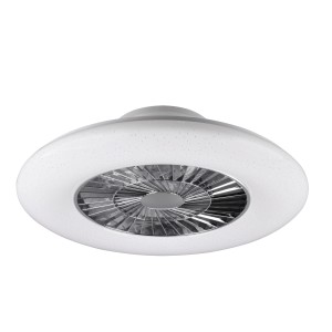 Plafoniera LED Trio Visby bianca con ventilatore e dettagli cromati.