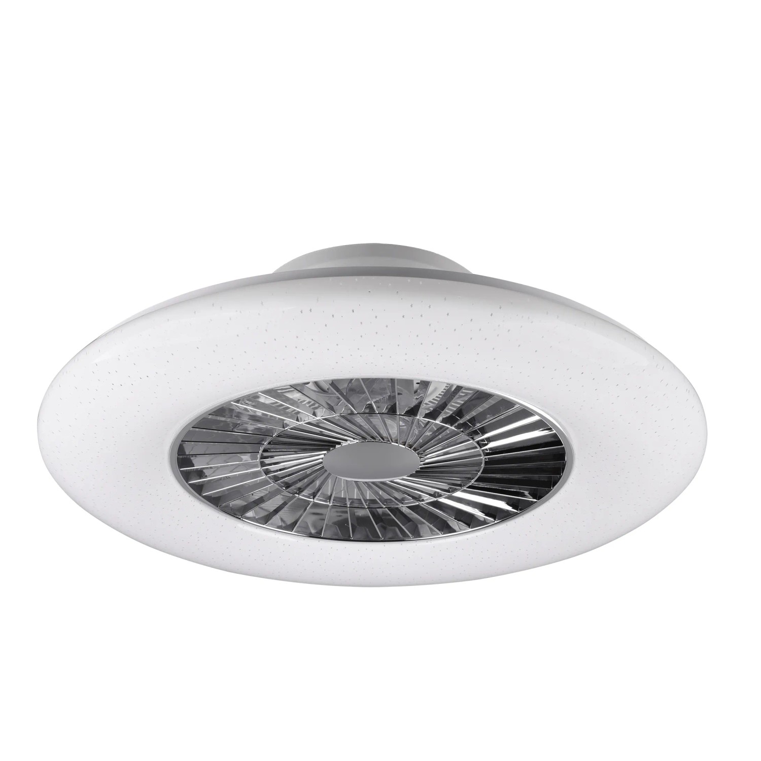 Plafoniera LED Trio Visby bianca con ventilatore e dettagli cromati.