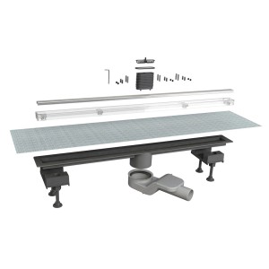 Vista esplosa di un sifone doccia con accessori. Set completo per la doccia.