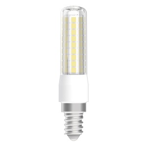 Lampadina LED E14, forma allungata con corpo trasparente ed elementi LED bianchi.