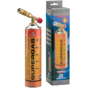 Lampada a gas Supergas con cartuccia e confezione per accessori di saldatura.