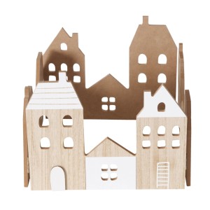 Gruppo di case decorative in legno, decorazione natalizia.