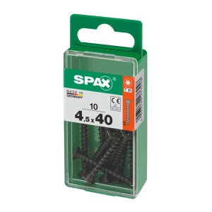 Viti universali Spax, 4,5x40 mm, zincate, nere, 10 pezzi in contenitore di plastica verde.