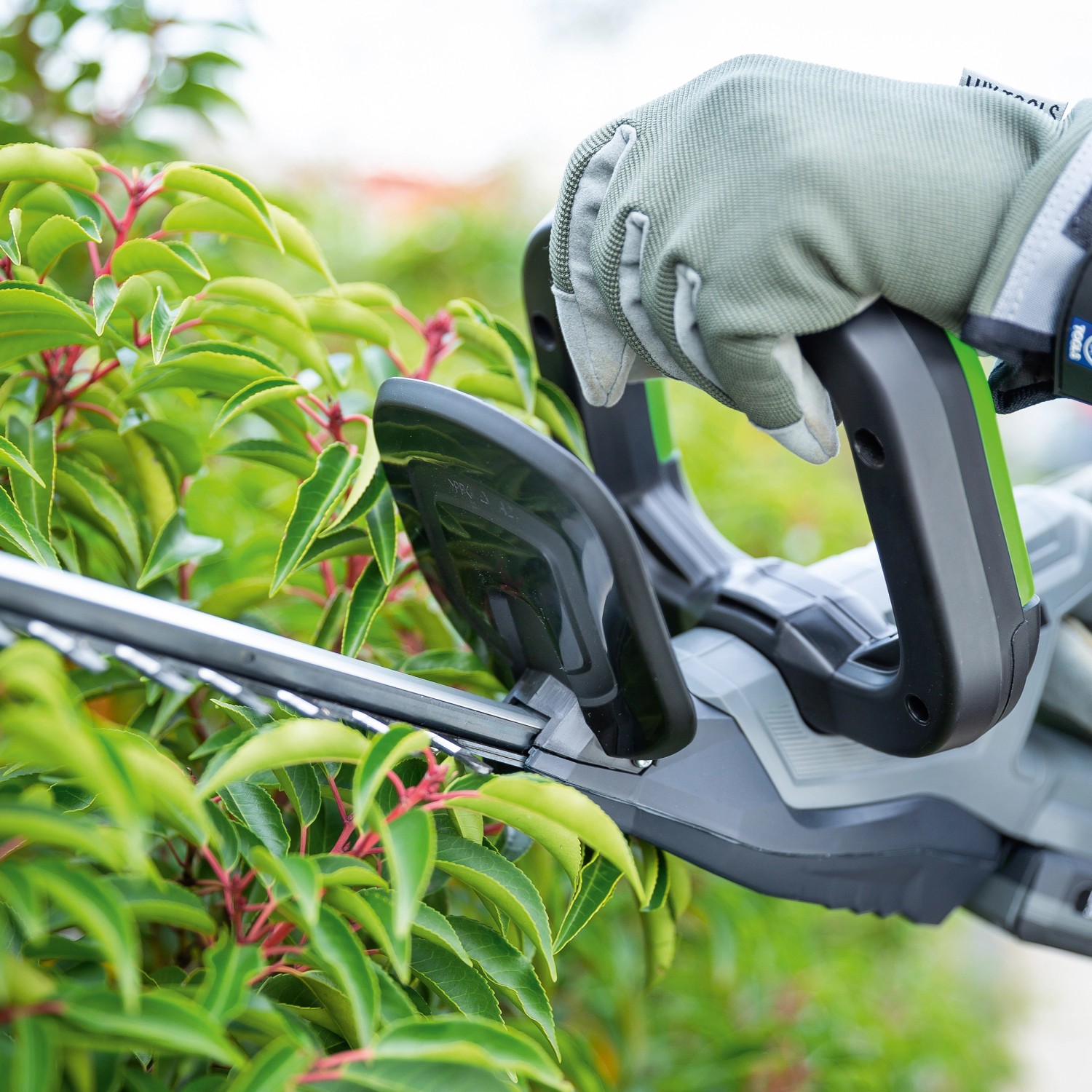 Tagliasiepi a batteria LUX A-HS-20/52 in uso durante il taglio di una siepe. Include protezione per le mani.