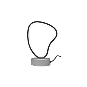Moderna lampada da scrivania t.b.t. con paralume dalla forma organica e base grigia.