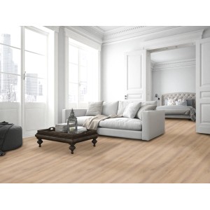 Pavimento vinilico chiaro posato in soggiorno. Dettaglio del pavimento t.b.t.