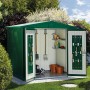 Casetta da giardino in metallo Biohort Europa (3,5 m²) aperta, verde scuro, con attrezzi e scaffali.