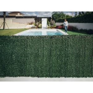 Schermo verde t.b.t. per la privacy in giardino con piscina e persona. Ideale come arelle, ombra e protezione dal vento.