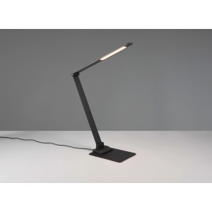 Lampada da scrivania a LED nera con braccio regolabile.